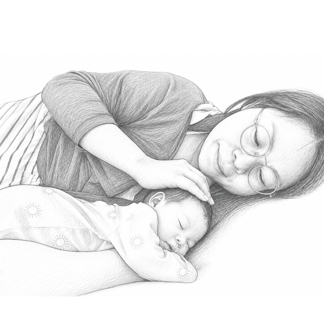 A sketch of first time mum at 40, lying on the bed with my baby daughter