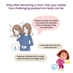 Illustration of 2 women experiencing postpartum leaks with text explaining the challenges.