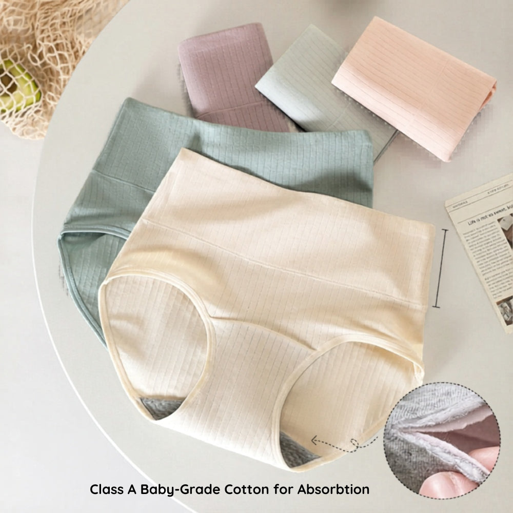 Women’s Leak-Proof Absorbent Underwear – High Waisted Postpartum Incontinence Panties in various colors   with a close-up of the gusset's absorbent layer.