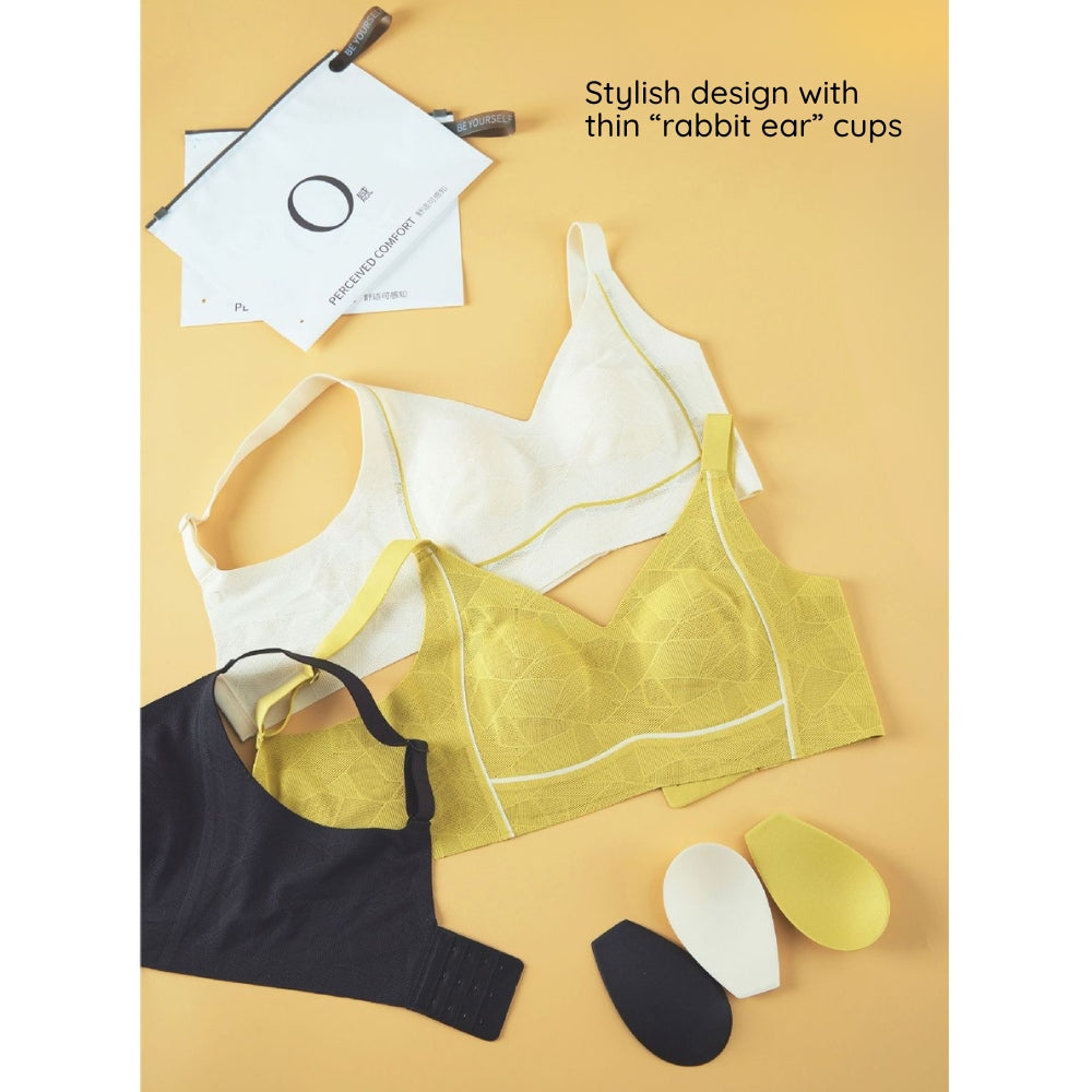Stylish Design with thin rabbit ear pads, yellow, white & black color Dreamy Terraced Fields Lace Wireless bra on display