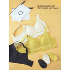 Stylish Design with thin rabbit ear pads, yellow, white & black color Dreamy Terraced Fields Lace Wireless bra on display
