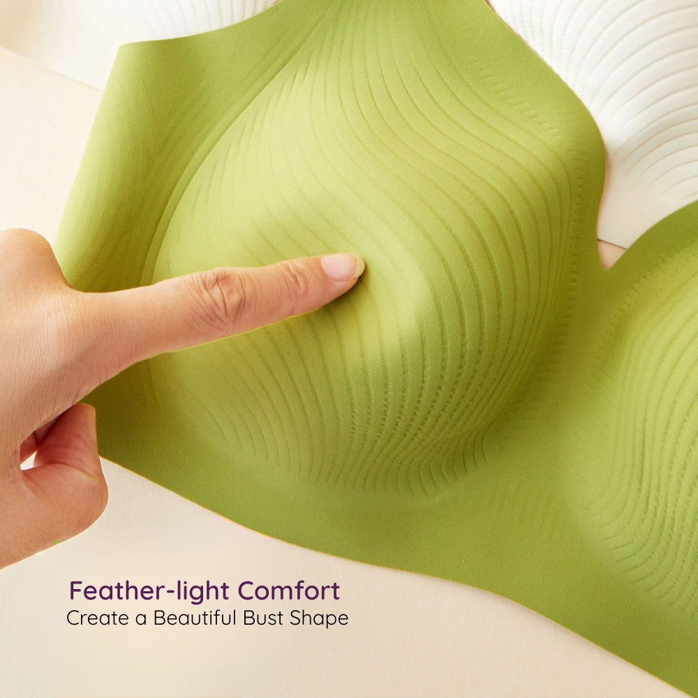 Air-Fit Wavy Moulded Wireless Bra with a hand touching it, showing feather light comfort