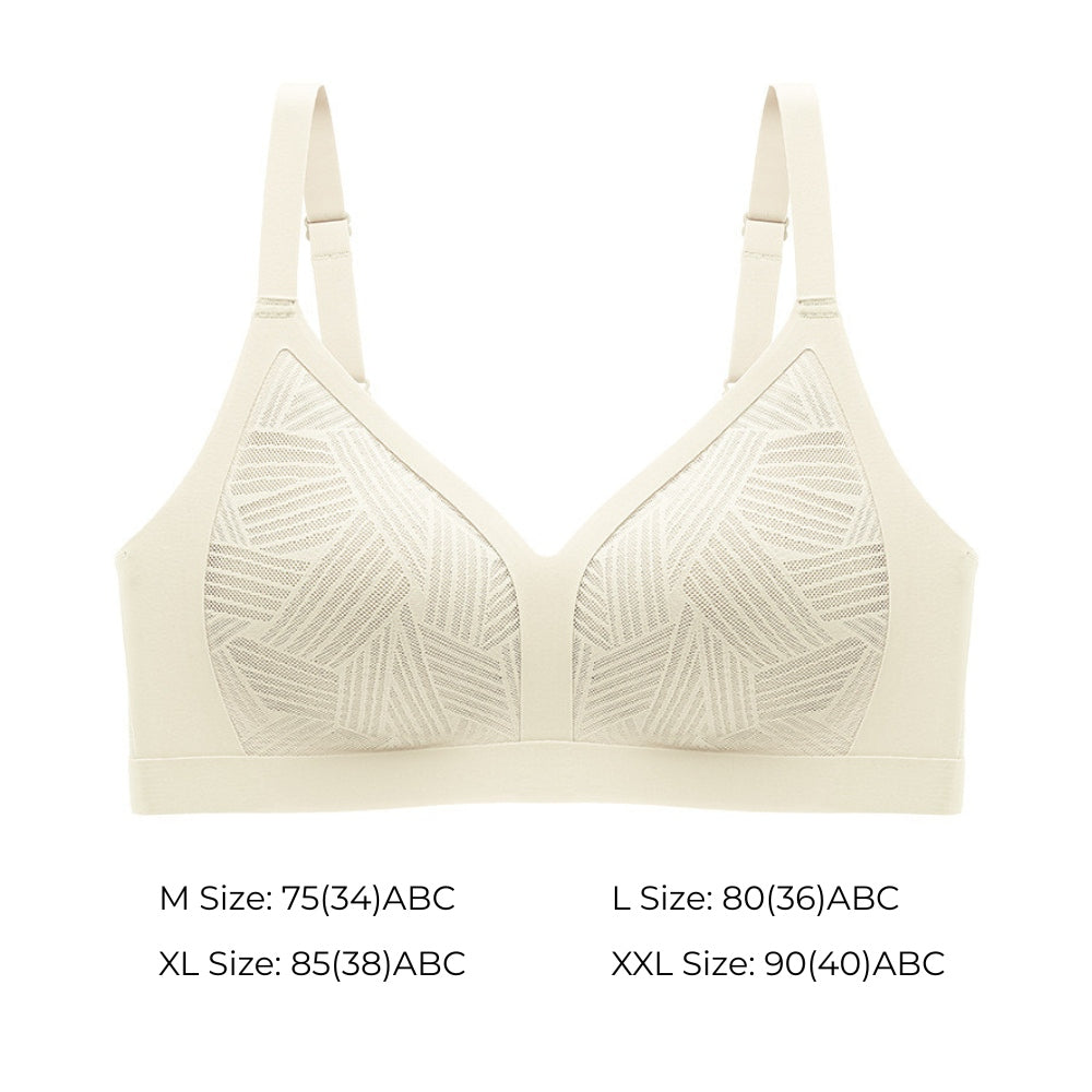 Lace-Illusion Soft Mesh Wireless Bra - creamy white color