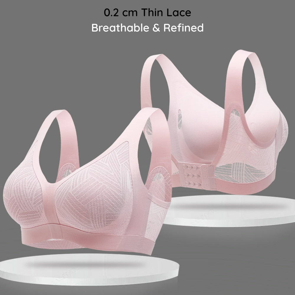 Showcasing Blessie Lace-Illusion Soft Mesh Wireless Bra with 0.2cm thin lace details on a gray background