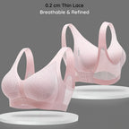Showcasing Blessie Lace-Illusion Soft Mesh Wireless Bra with 0.2cm thin lace details on a gray background