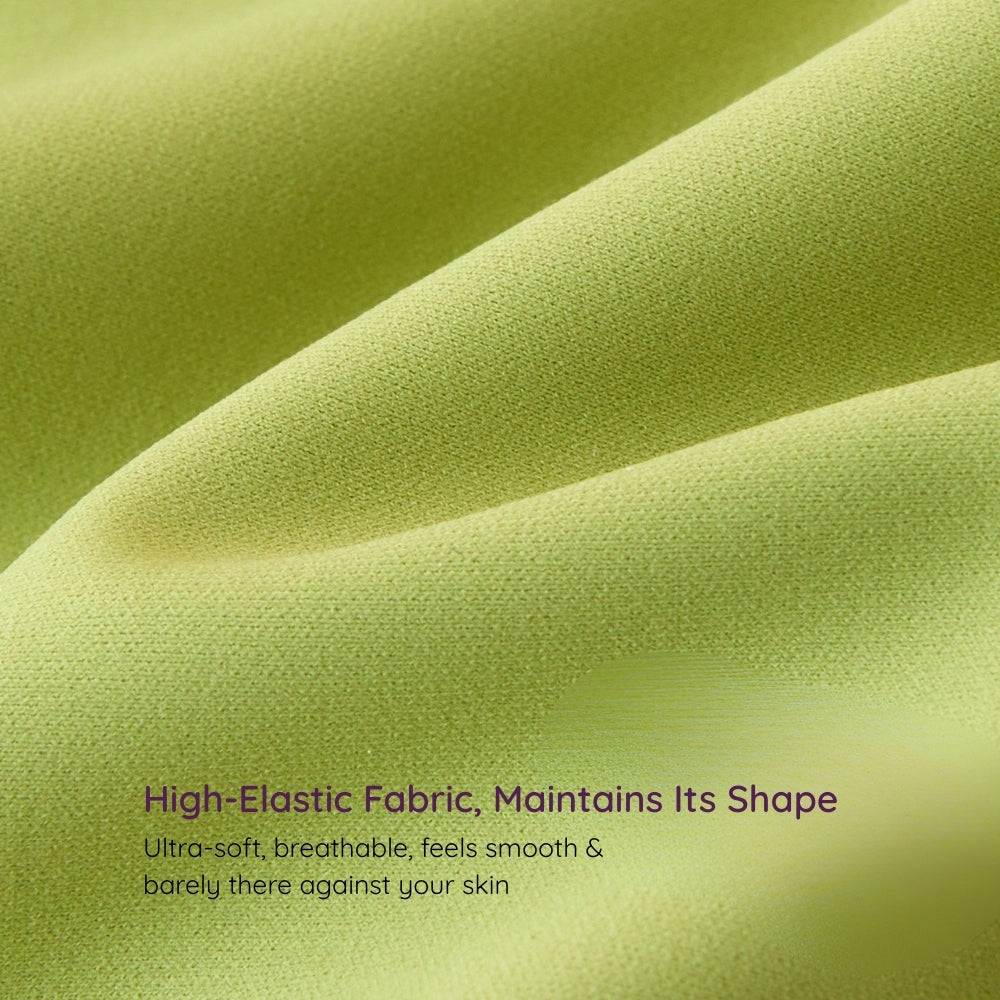 Close-up to high elastic fabric of green Air-Fit Wavy Moulded Wireless Bra, describing its properties