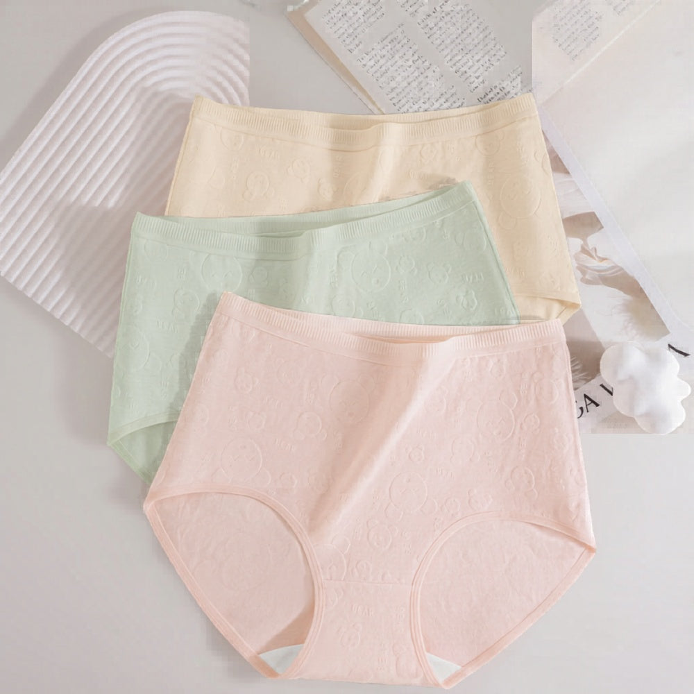 Embossed Bear High Waist Brief-  Extended Size Pure Cotton Antibacterial