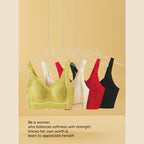 Different colors of Dreamy Terraced Fields Lace Wireless Bra on a rack with motivational quote