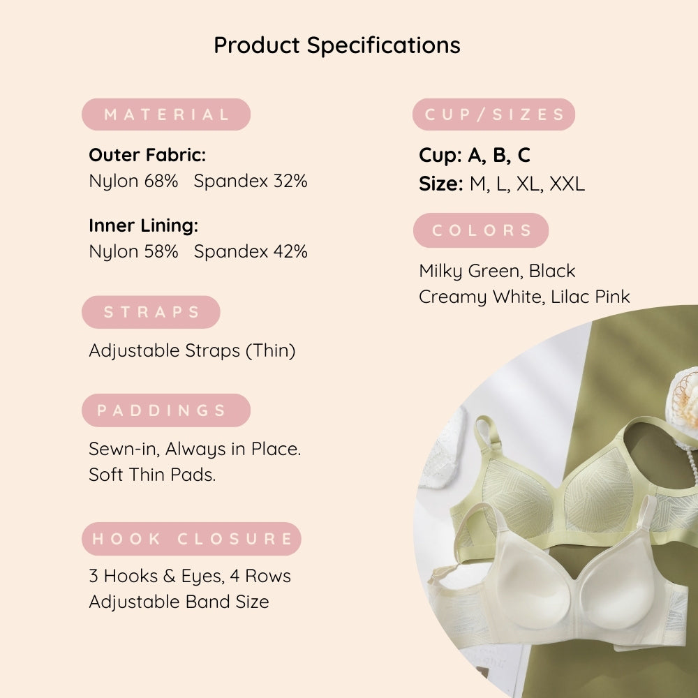 Product specifications for a 
Lace-Illusion Soft Mesh Wireless Bra with material, cup size, color, straps, padding, and closure details.