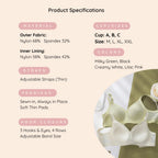 Product specifications for a 
Lace-Illusion Soft Mesh Wireless Bra with material, cup size, color, straps, padding, and closure details.