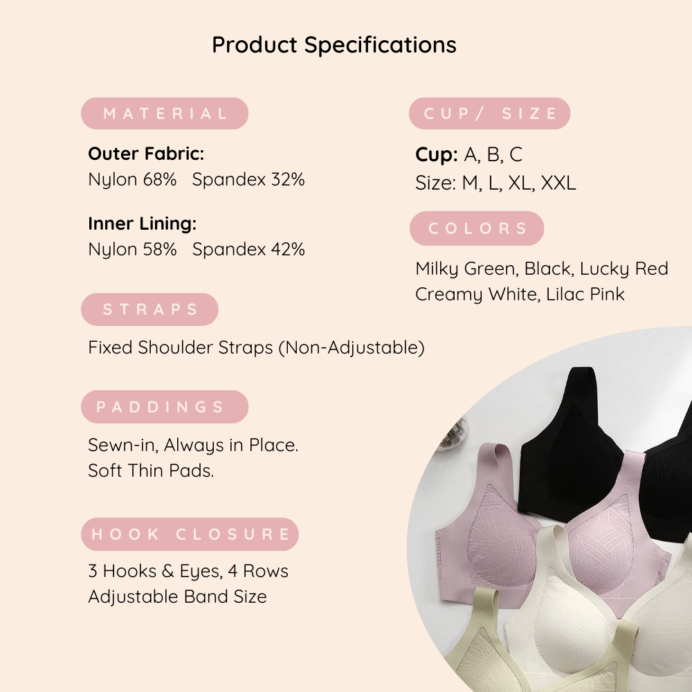 Product specifications of lilac pink Lace-Illusion Soft Mesh Wireless Bra with a light pink background