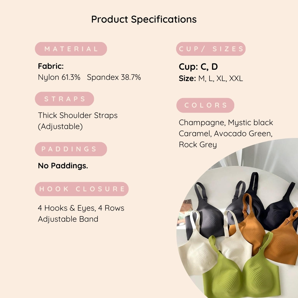 Product specifications of Air-Fit Wavy Moulded Wireless Bra with color options and material details on a beige background.