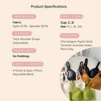 Product specifications of Air-Fit Wavy Moulded Wireless Bra with color options and material details on a beige background.