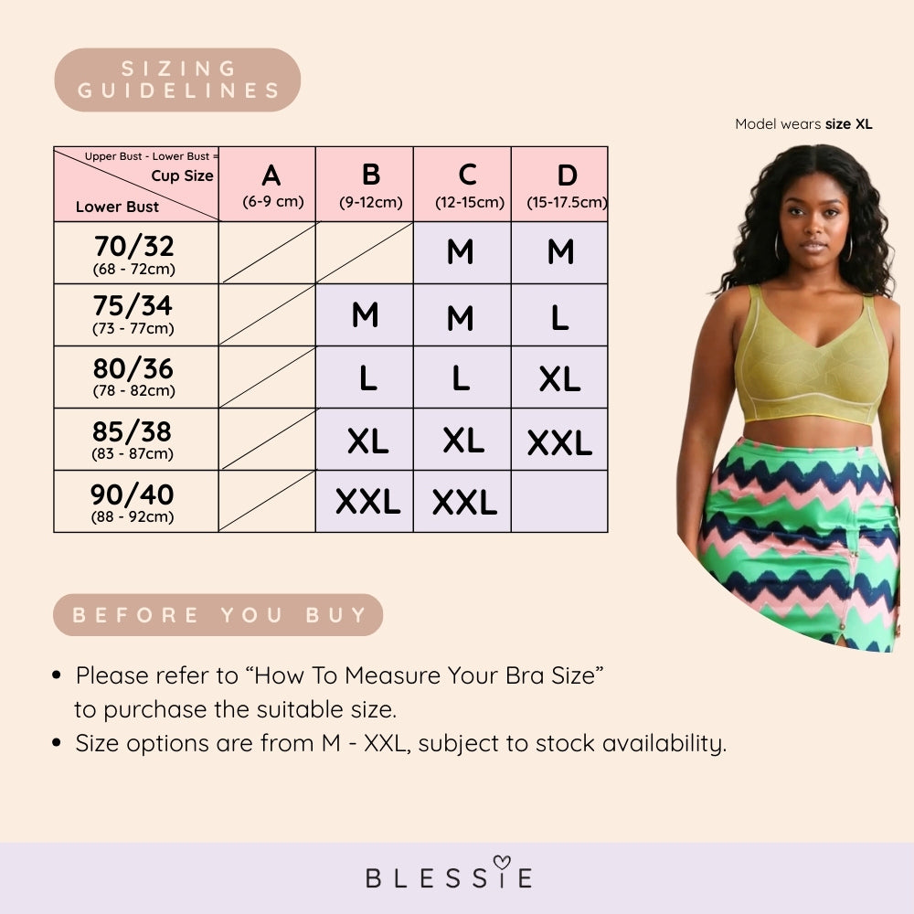 Blessie bra size chart with model wearing yellow Dreamy Terraced Fields Lace Wireless Bra and colorful skirt
