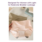 A hand holding beige color Women’s Leak-Proof Absorbent Brief – High Waisted Postpartum Incontinence Underwear with text about light to moderate bladder leakage support.