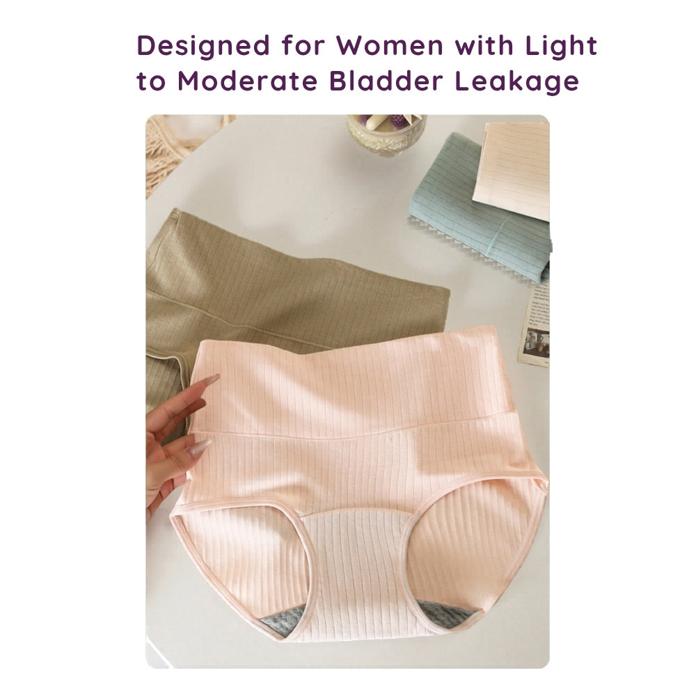 A hand holding beige color Women’s Leak-Proof Absorbent Brief – High Waisted Postpartum Incontinence Underwear with text about light to moderate bladder leakage support.