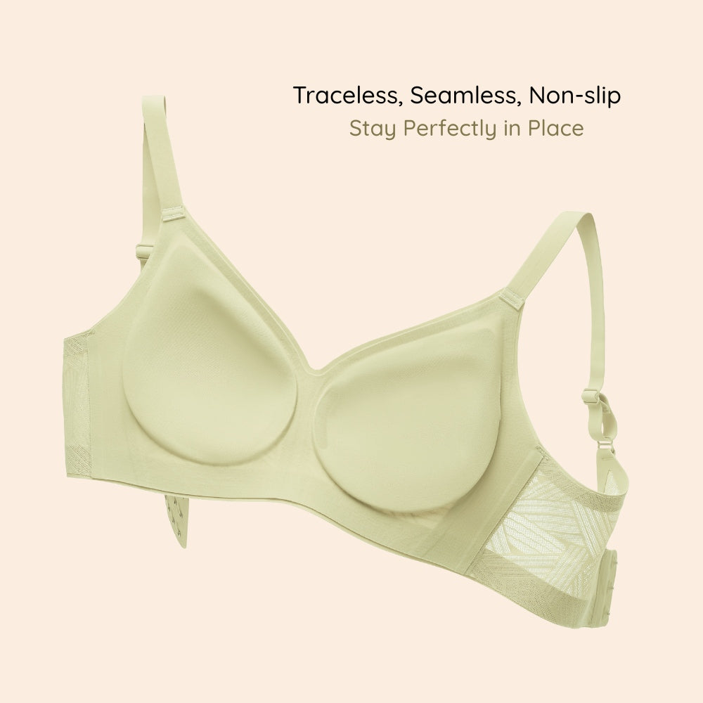 Features of Lace-Illusion Soft Mesh Wireless Bra (Milky Green) against a beige background.