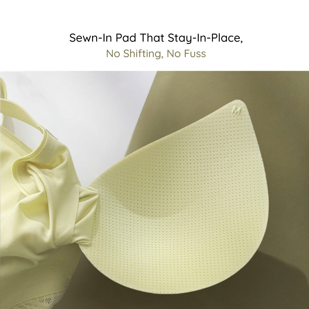 Close-up of Lace-Illusion Soft Mesh Wireless Bra (Milky Green) with text about sewn-in pads