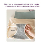 A hand holding up Beige color Women’s Leak-Proof Absorbent Brief – High Waist Postpartum Incontinence Underwear 17 cm gusset for extended absorption with text about managing postpartum leaks.