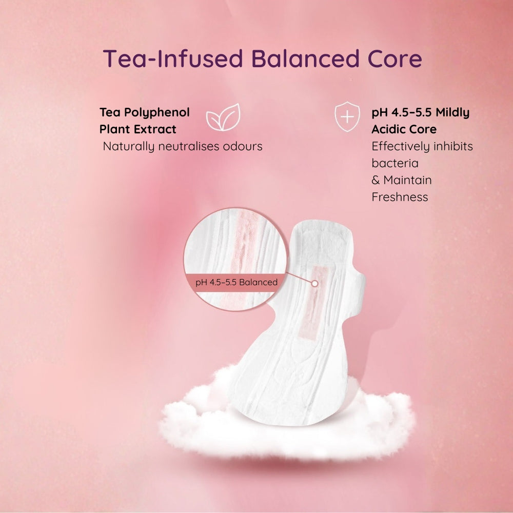Minimalist Sanitary Pad with tea-infused balanced core features on a pink background