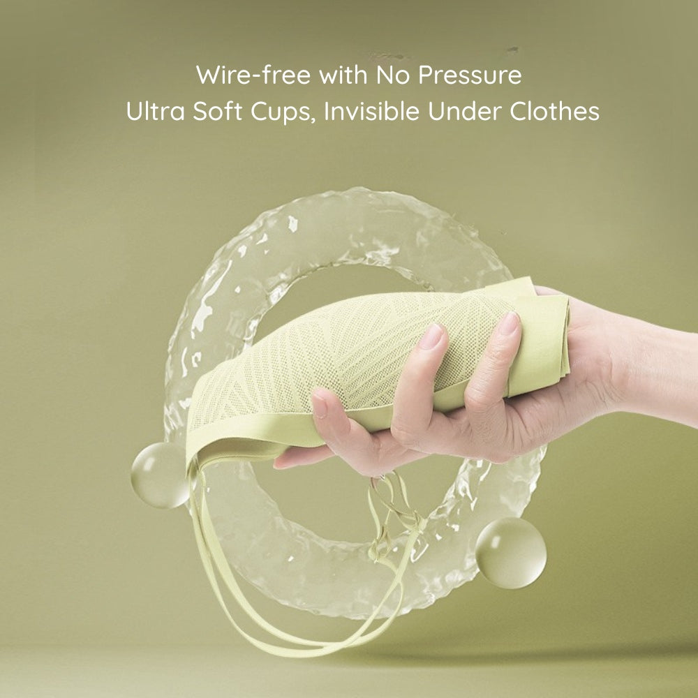Hand holding a Lace-Illusion Soft Mesh Wireless Bra cup with text about its features.