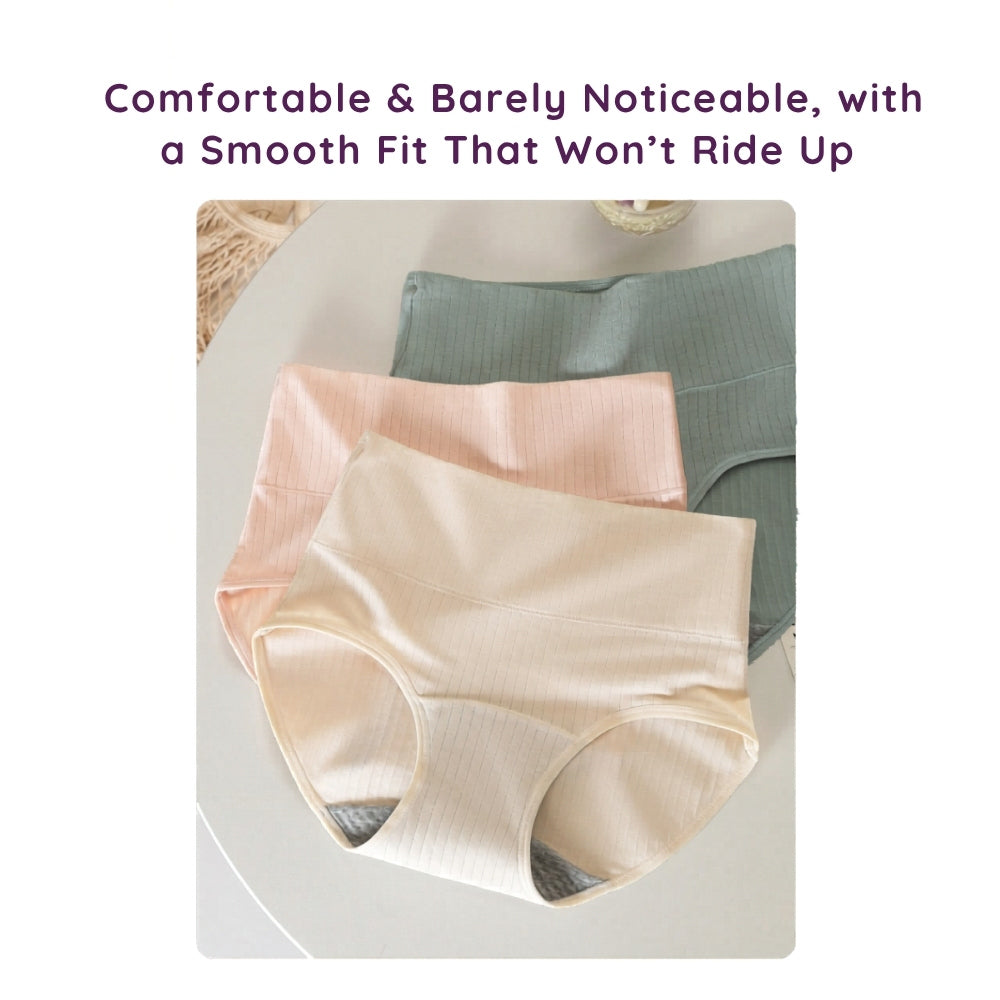 3 pairs of Women’s Leak-Proof Absorbent Brief – High Waisted Postpartum Incontinence Underwear in skintone pink, and green color on a white surface with text about comfort and fit.