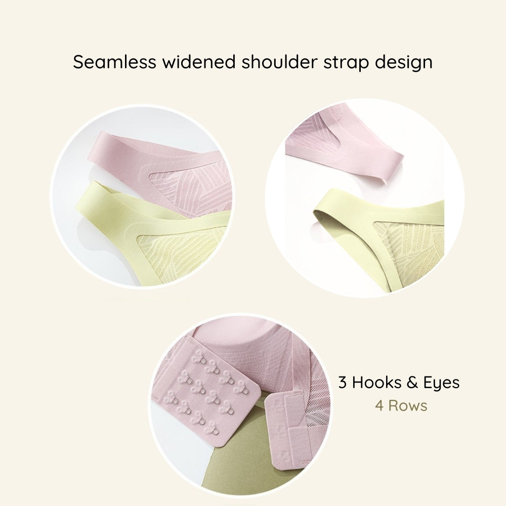 Blessie Lace-Illusion Soft Mesh Wireless Bra with seamless widened shoulder strap design and 3 hooks & eyes on a light beige background.