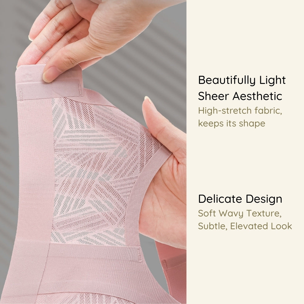 Light sheer fabric of Blessie Lace-Illusion Soft Mesh Wireless Bra, with a wavy texture held by hands, on a neutral background.