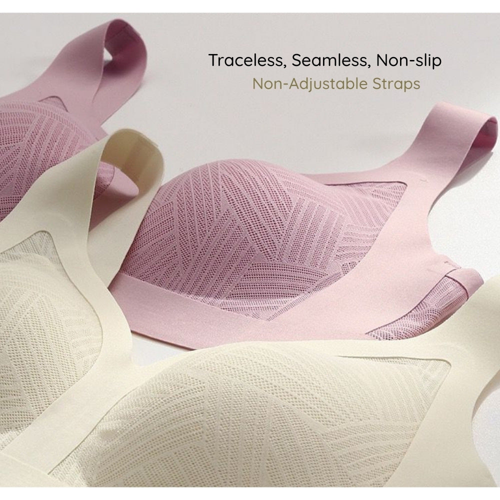Traceless Lace-Illusion Soft Mesh Wireless Bra with non-adjustable straps on a light gray background
