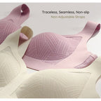 Traceless Lace-Illusion Soft Mesh Wireless Bra with non-adjustable straps on a light gray background