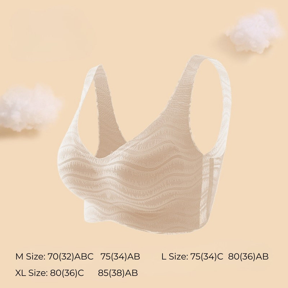 Milk cream color BareComfort Wireless Lounge Bra on a beige background with size information displayed.