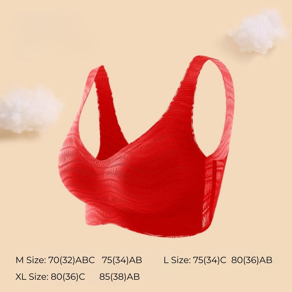 BareComfort Wireless Lounge Bra in lucky red with wireless pull-on design and size guide