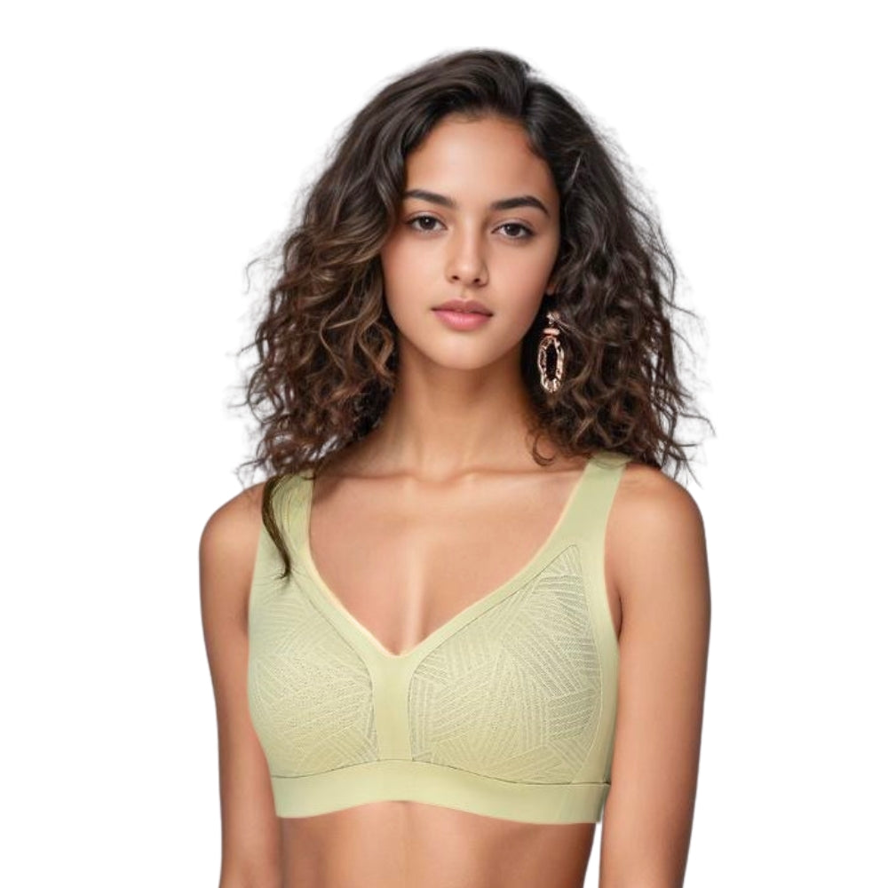 Woman wearing Blessie Lace-Illusion Soft Mesh Wireless Bra in Milky green