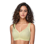 Woman wearing Blessie Lace-Illusion Soft Mesh Wireless Bra in Milky green