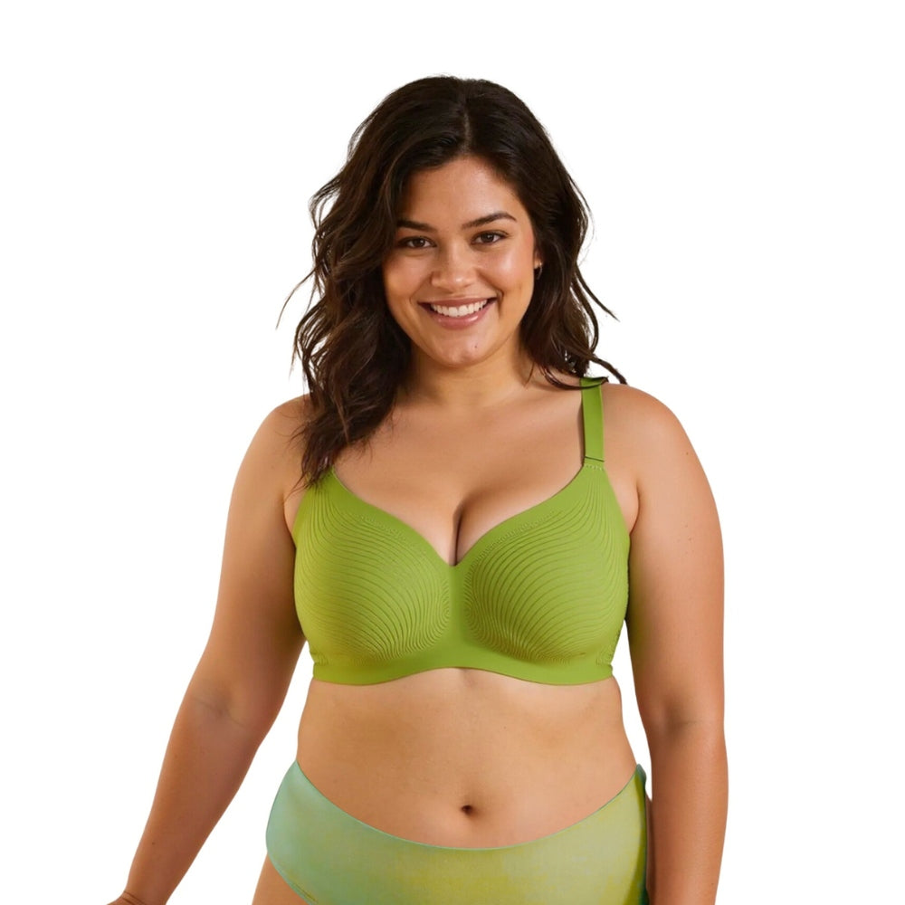A happy model wearing avovado green color Air-Fit Wavy Moulded Wireless Bra