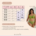 Blessie sizing chart for bras and panties with a model wearing Air-Fit Wavy Moulded Wireless Bra 
