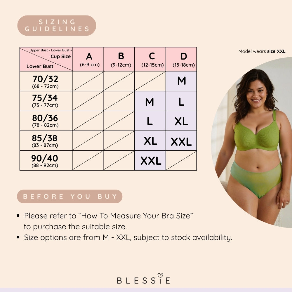 Blessie sizing chart for bras and panties with a model wearing Air-Fit Wavy Moulded Wireless Bra 