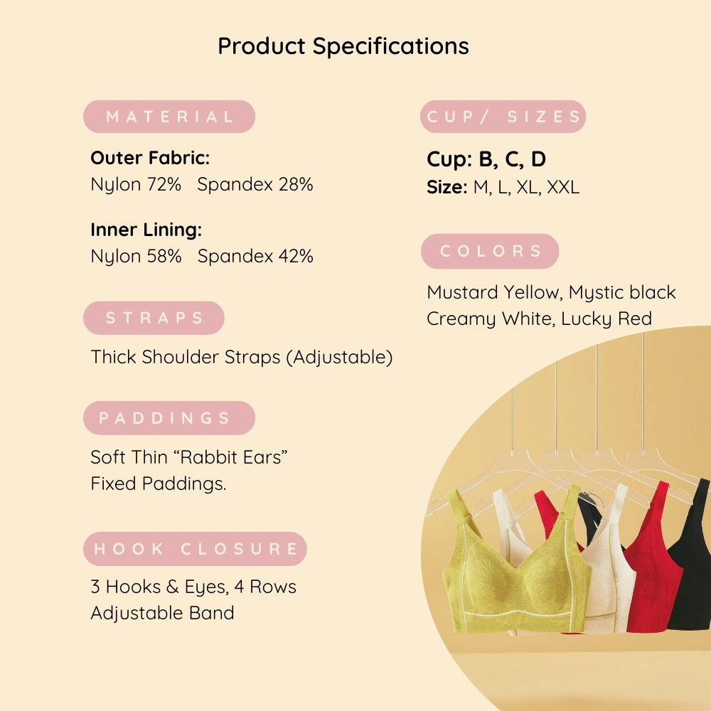 Product specifications for Dreamy Terraced Fields Lace Wireless Bra with material, cup sizes, colors, straps, paddings, and hook closure details.