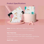 Specifications listed for Minimalist Sanitary Pad, main material SAP. Shelf life 3 years.