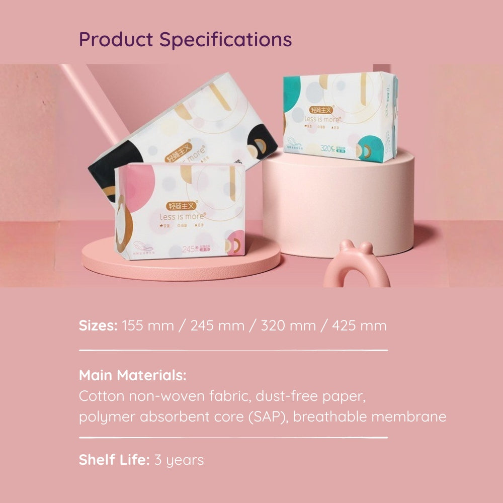 Specifications listed for Minimalist Sanitary Pad, main material SAP. Shelf life 3 years.