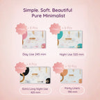 Minimalist Sanitary Pad product packaging - 4 different sizes packs with options 190mm, 245mm, 320mm, 425mm long