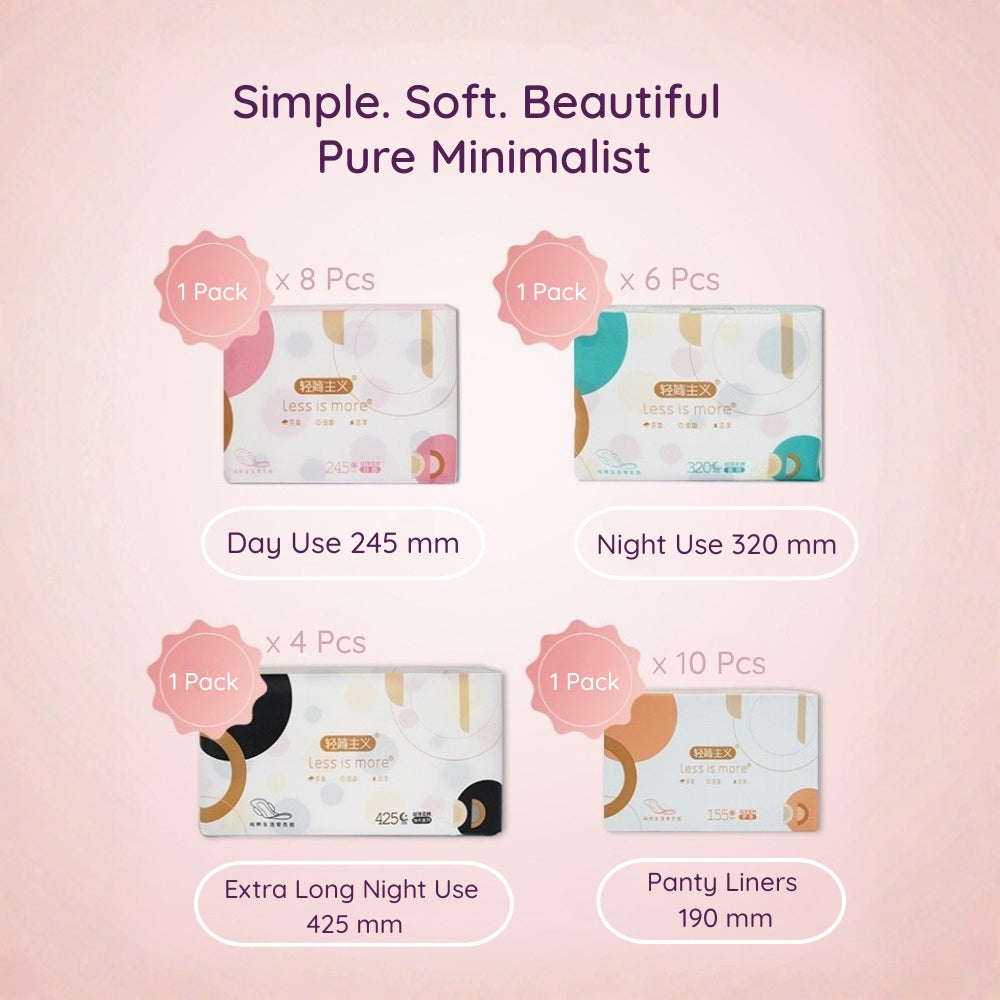 Minimalist Sanitary Pad product packaging - 4 different sizes packs with options 190mm, 245mm, 320mm, 425mm long